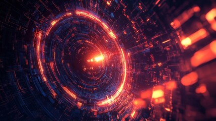 Aufkleber - Abstract futuristic tunnel with glowing orange and blue neon lights.