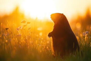 Wall Mural - A groundhog standing on its hind legs amidst a field of colorful flowers, possibly looking for food or taking a break