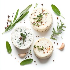 Poster - A selection of three cheeses garnished with fresh herbs and spices, perfect for snacking or serving at a gathering