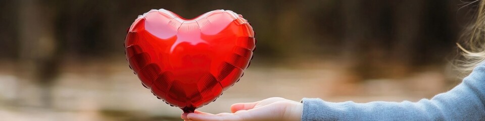Poster - A young child holding a bright red heart-shaped balloon, suitable for various occasions and themes
