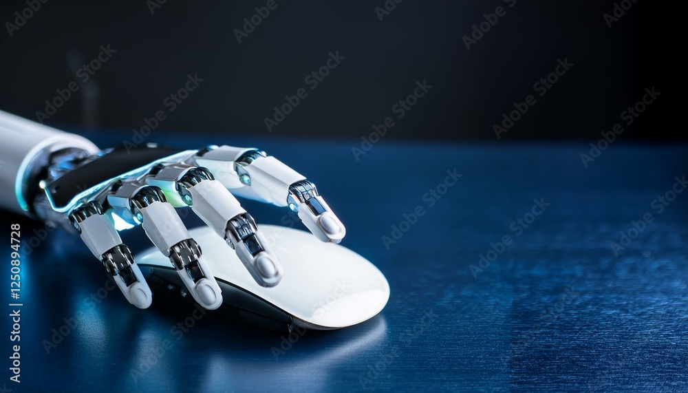 Advanced Hand Computer Mouse robotic hand using a computer mouse on a dark blue surface. The image ...