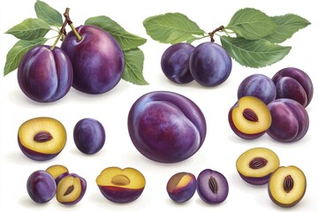 Poster - A selection of fresh plums with one half plum, ideal for fruit arrangements or still life photography