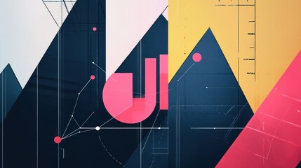 Poster - Abstract geometric design with pink, yellow, and blue shapes and lines.