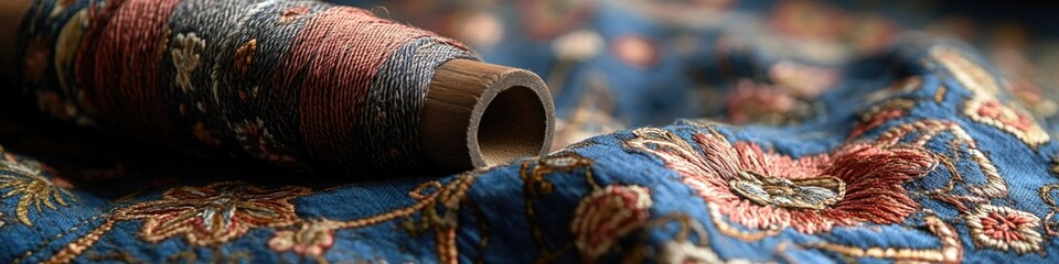 Poster - A spool of thread sits on top of a piece of cloth, ready for use