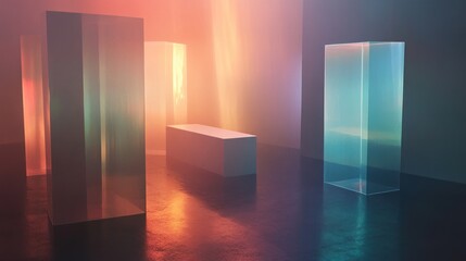 Poster - Abstract glass cubes illuminated by warm and cool light, reflecting on glossy floor.