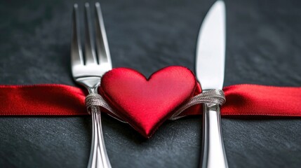 Aufkleber - A fork and knife with a red heart symbolizing love or affection, often used in Valentine's Day or romantic settings