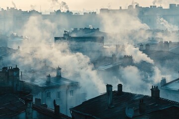 Aufkleber - A cityscape with thick smoke and haze, suitable for environmental or industrial themes
