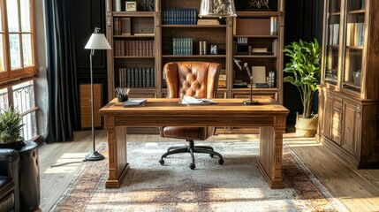 Poster - Elegant Home Office with Stylish Desk and Cozy Armchair