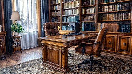 Poster - Elegant wooden office space with bookshelves and modern decor
