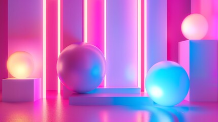 Poster - Abstract 3D render of a scene with glowing spheres and neon lights.