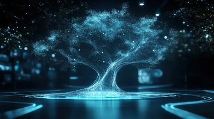 Poster - Majestic tree of light crafted from translucent particles radiating an ethereal glow in a futuristic landscape surrounded by darkness
