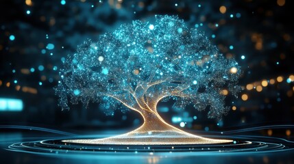 Aufkleber - Towering glass tree illuminated by particles showcases futuristic design elements against a dark backdrop of intricate details