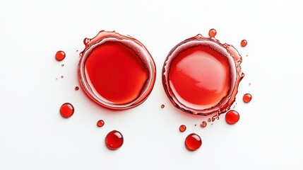 Aufkleber - Two Circular Drops of Red Liquid Surrounded by Smaller Red Droplets on a Clean White Background