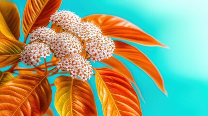 Fototapete - Vibrant Orange Leaves with White Flowers Against a Bright Blue Background in a Close-Up Nature Shot