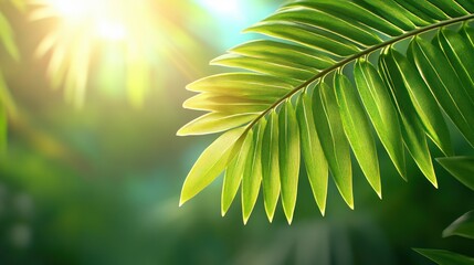 Wall Mural - Lush Green Palm Leaves with Sunlight Creating a Tropical Paradise Atmosphere in Nature's Wilderness