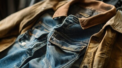 Aufkleber - A close-up view of a pair of jeans and a jacket, perfect for fashion or lifestyle photography