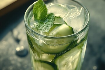 Poster - A refreshing beverage filling a glass with cucumber slices and fresh mint leaves