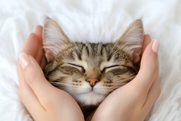 Poster - A person cradling a cat in their hands, showing affection and care