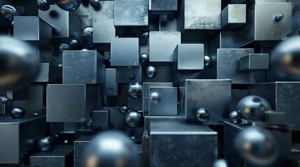 Poster - Abstract background of blue, metallic cubes with some spheres floating.