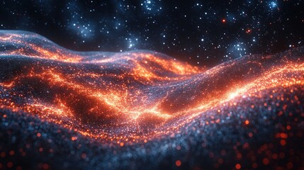 Poster - Abstract glowing energy landscape with fiery orange and cool blue particles, resembling a cosmic nebula or fiery waves.