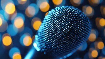 Poster - A close-up shot of a microphone with blurred lights in the background