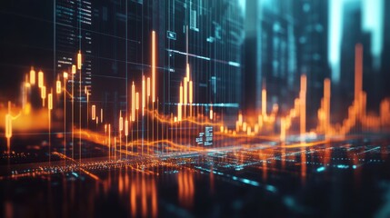 Fototapete - Abstract glowing financial chart graphs on digital screen with city background.
