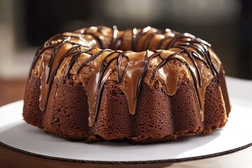 Poster - A delicious chocolate bundt cake on a white plate, perfect for dessert or special occasion