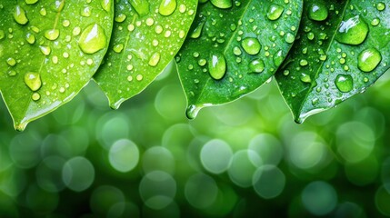 Poster - Close-up of Fresh Green Leaves with Water Droplets on Natural Bokeh Background for Nature and Environment Themes
