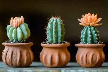 Poster - Three small cacti in clay pots on a table, decorative arrangement