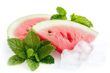 Poster - Fresh watermelon slice garnished with mint leaves and ice cubes, perfect for hot summer days
