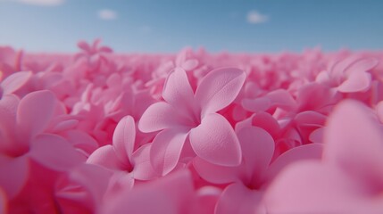 Poster - Vibrant Pink Flower Field Under Clear Blue Sky Capturing the Essence of Spring and Natural Beauty