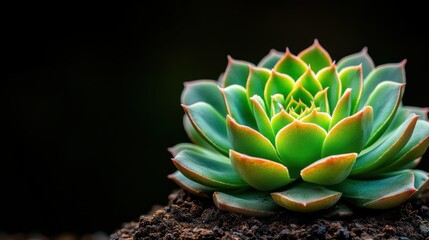 Fototapete - Close-Up View of a Beautiful Succulent Plant with Vibrant Green Leaves and Earthy Soil Background