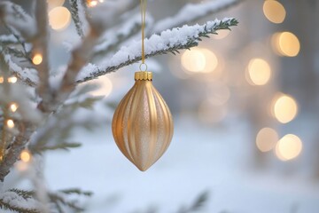 Wall Mural - A golden ornament hangs from the branches of a decorated Christmas tree