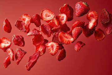 Poster - Fresh strawberries cut into slices on a bright red background, perfect for food styling or marketing use