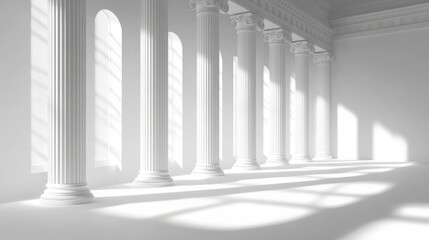 Poster - Minimalist interpretation of classical Greek architecture showcasing elegant columns in a serene, modern space illuminated by soft shadows and clean lines