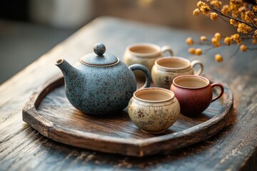 Poster - A traditional tea set with cups and saucers on a rustic wooden tray, perfect for serving afternoon tea or as a decorative centerpiece