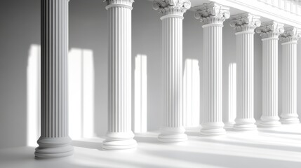 Poster - Minimalist architecture featuring Greek columns with sharp lines and soft shadows creates a serene atmosphere against a pure white background