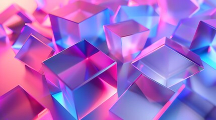 Poster - a field of iridescent, pink and blue cubes.
