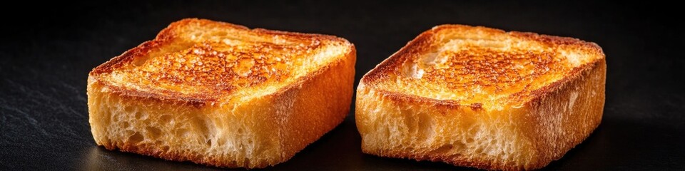 Poster - A pair of toasted bread on a black surface, ideal for use in food or still life photography