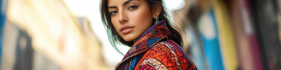 Aufkleber - A woman wearing a colorful jacket and earrings, perfect for use in fashion or lifestyle photography