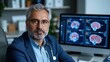 © tuiphotoengineer - Portrait of a male medical professional likely a doctor or neurologist analyzing and reviewing brain scan data or medical imaging on a computer screen in a clinical or hospital office setting