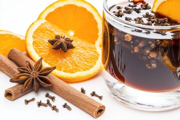 Poster - A glass of hot tea served with sliced oranges and spices, perfect for a cozy evening