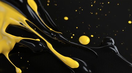 Poster - Vivid yellow and deep black paint splashes create a striking abstract pattern. Fluid movement and contrast highlight the dynamic interaction of colors on a dark background