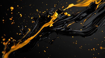 Poster - Dynamic paint explosion with black and gold streams colliding and swirling, creating droplets and a visually stunning abstract composition on a dark background