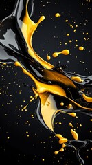 Poster - Black and gold paint create a dynamic and fluid splash against a dark background. The vibrant contrast highlights the motion and energy of the swirling liquid forms