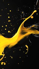 Poster - Vibrant yellow paint dynamically splashes across a dark background, creating a striking contrast with fluid motion and energy. Perfect for abstract art and creative design inspiration