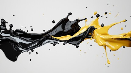 Poster - Dynamic collision of black and yellow liquid paint creating an abstract splash pattern against white background. Dramatic flowing movement captures the moment of impact with droplets and waves