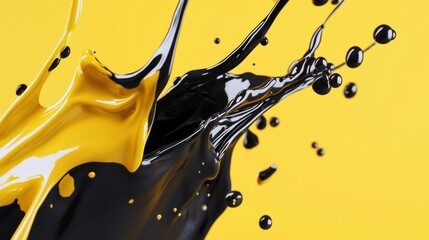 Poster - Black and yellow paint splashes collide in mid-air, creating a dynamic and vibrant visual contrast. The movement and fluidity capture a sense of energy and creativity