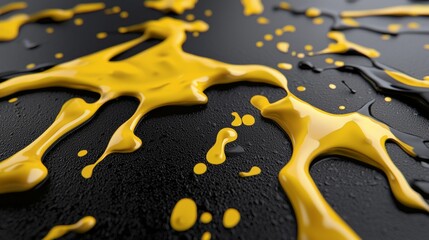 Poster - Dynamic splashes of vibrant yellow paint spread across a textured dark surface, creating a striking contrast. The abstract composition highlights fluidity and movement