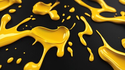 Poster - Bright yellow paint splatters create a dynamic contrast against a dark background, showcasing fluidity and artistic expression. The vibrant colors evoke creativity and energy